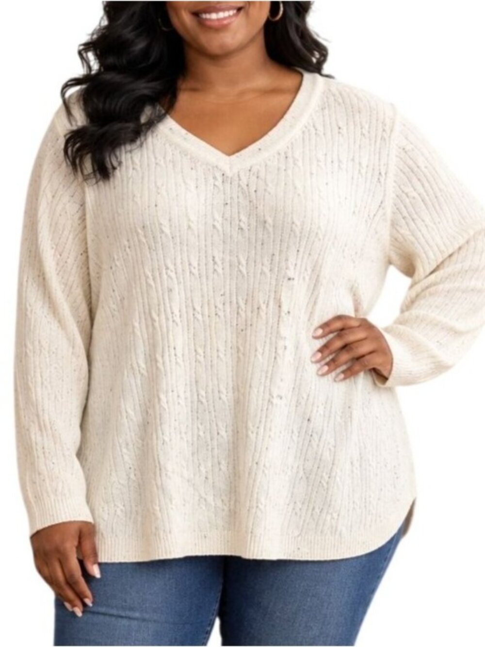 Kim Rogers Plus Size 2X Cable Knit V-Neck Sweater White Speckled Curved Hem